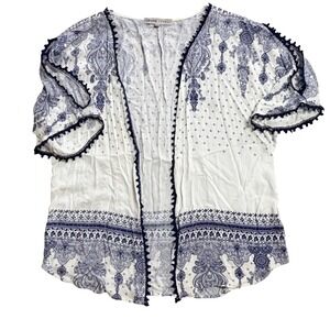 Absolutely Famous Navy Blue White Paisley Pom Pom Trim Kimono Cardigan Top